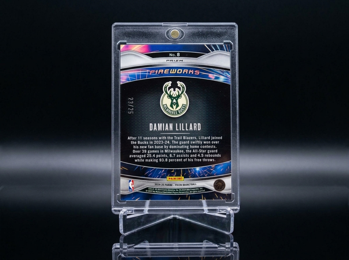 2024-25 Panini Prizm Damian Lillard Mojo /25 – Holo Fireworks Insert Bucks SSP🔥
