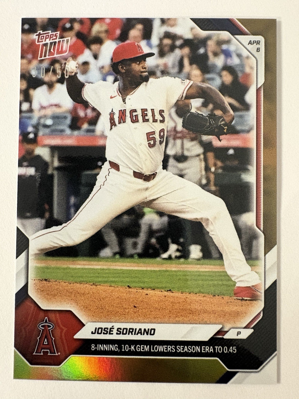 Jose Soriano Angels 8 IP 10 K Gem 0.45 ERA 2026 MLB Topps NOW #58 Gold 30/50