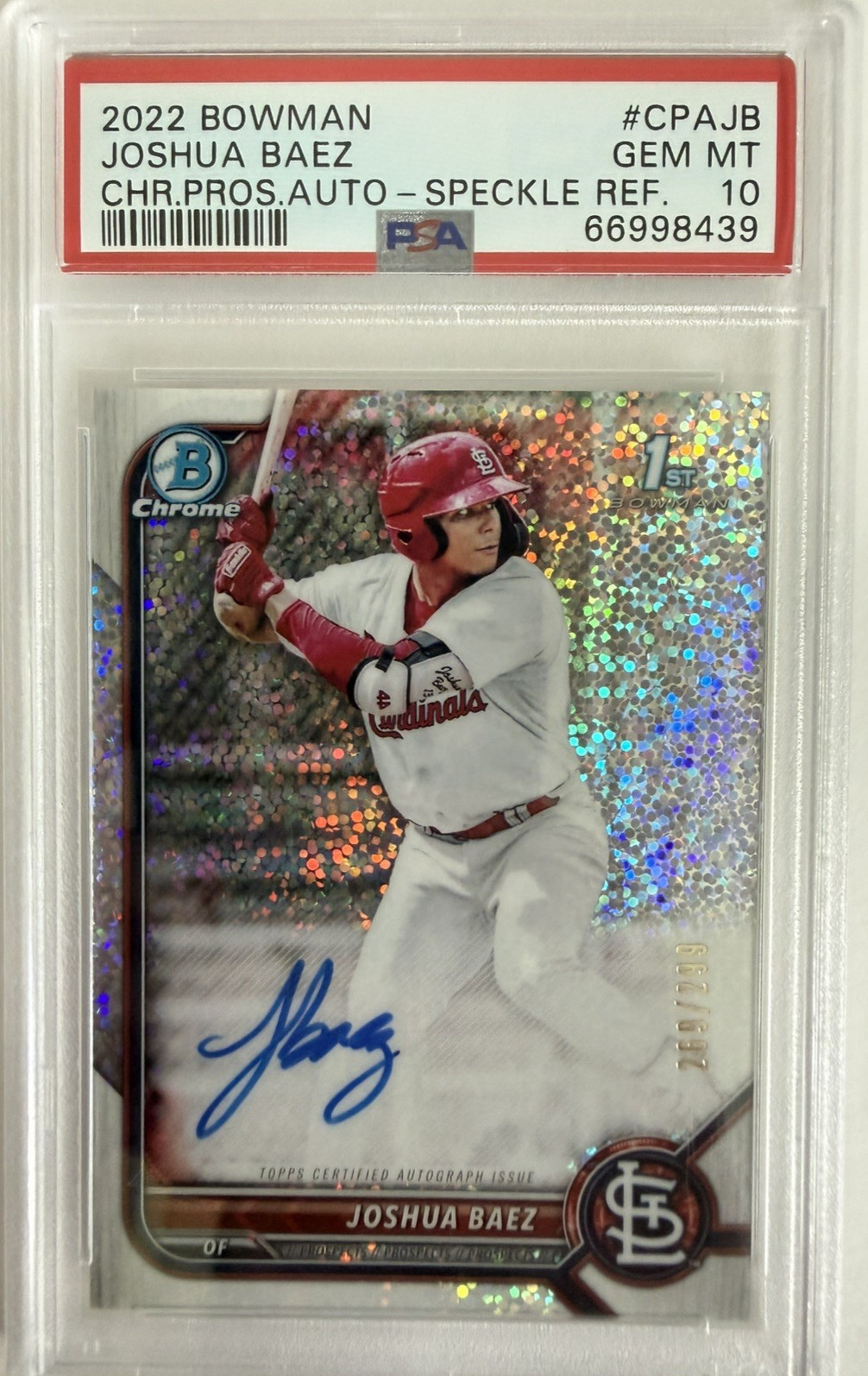 2022 Joshua Baez PSA 10 1st Bowman Chrome Speckle Auto /299 – Rookie Card