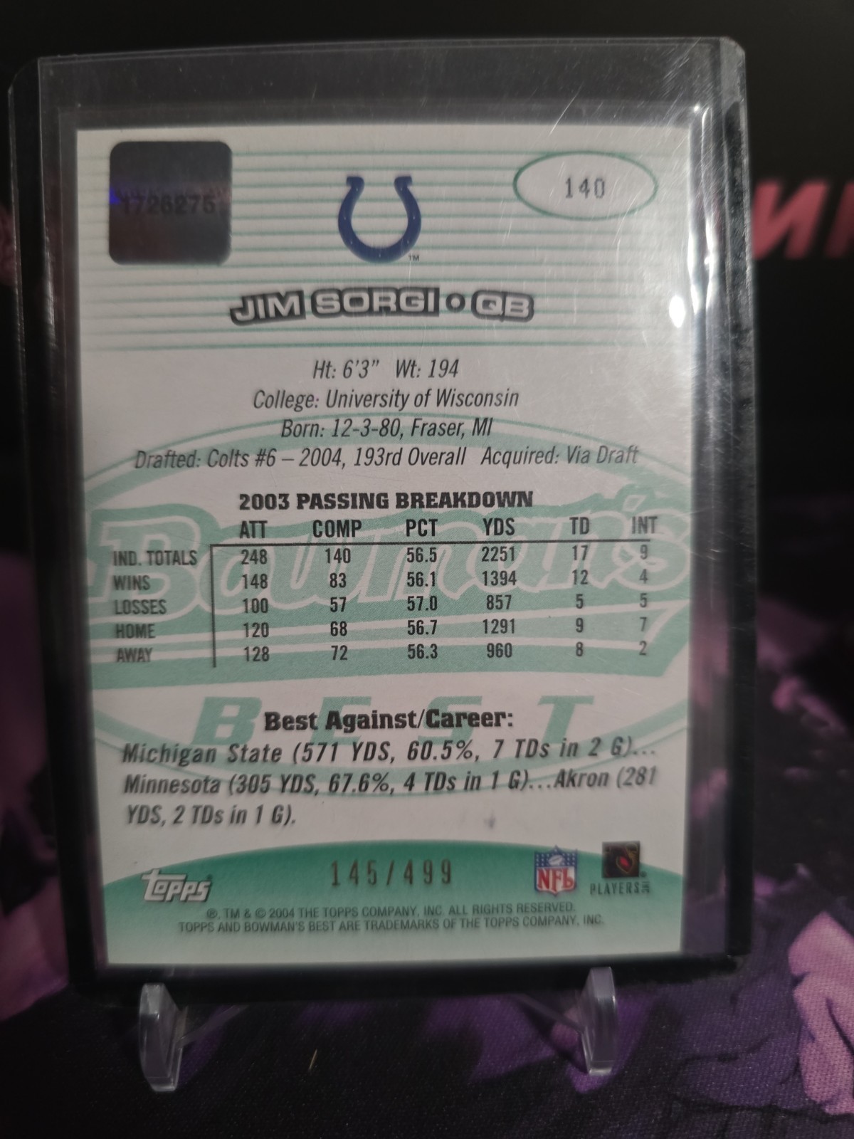 2004 Bowman’s Best – Jim Sorgi #140 Green /499 (AU, RC)