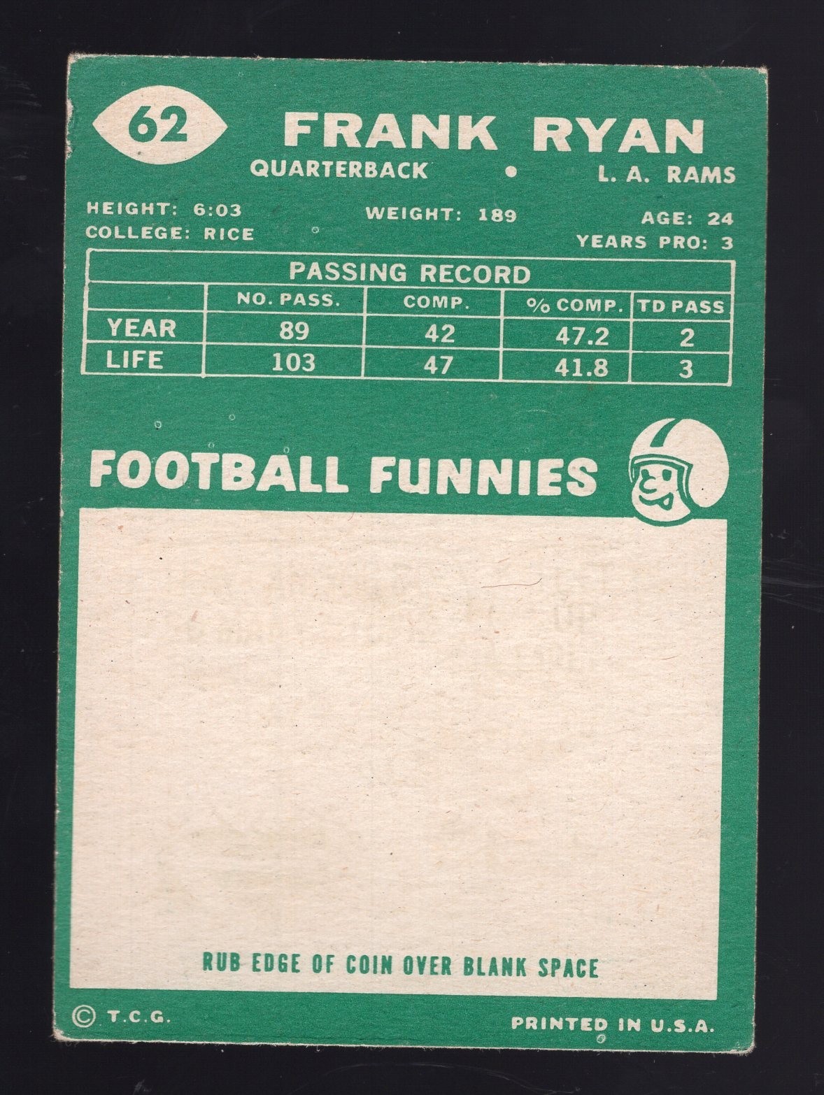 Nicely Centered 1960 Topps #62 Frank Ryan RC Rookie VG/EX Los Angeles Rams