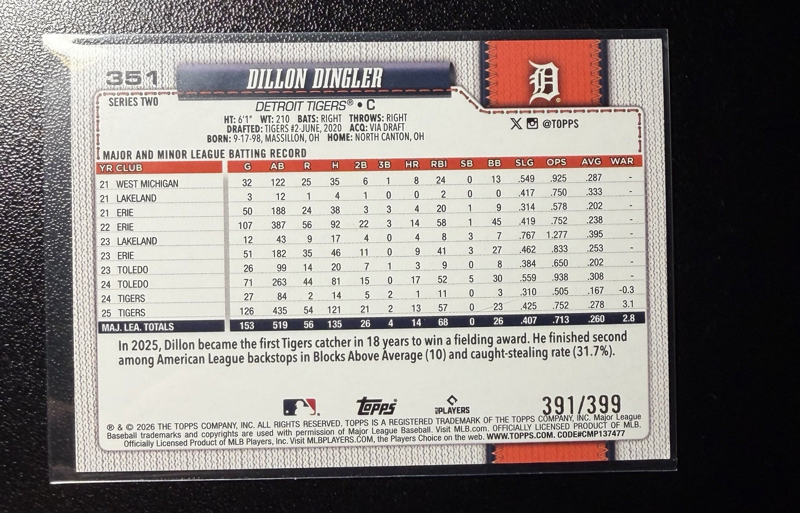 2026 Topps Series 2 – Dillon Dingler #351 Yellow Rainbow Foil /399 Tigers