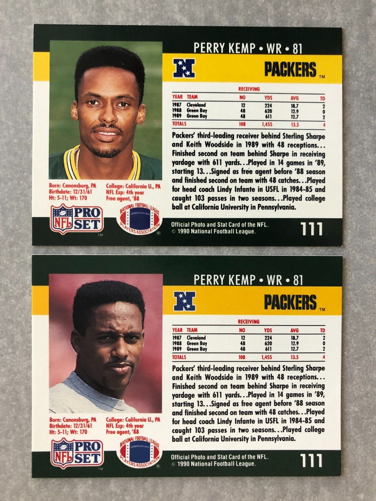 (2) 1990 Pro Set PERRY KEMP “Wrong Photo” Error & Corrected Football Cards #111
