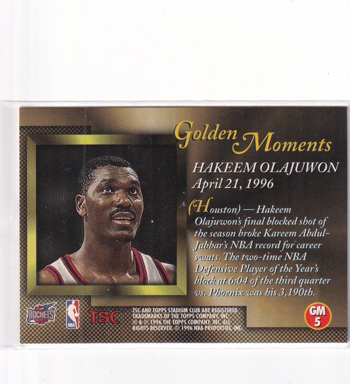 1996 TOPPS #GM5 HAKEEM OLAJUWON GOLDEN MOMENTS- HOUSTON ROCKETS