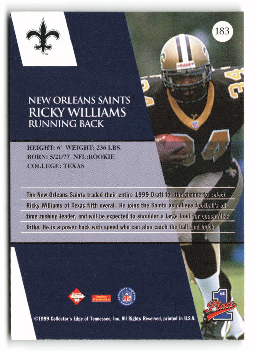 1999 Collector’s Edge First Place #183 Ricky Williams Rookie New Orleans Saints