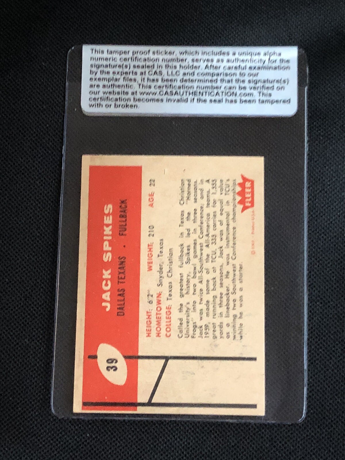 JACK SPIKES 1960 FLEER ROOKIE SIGNED AUTOGRAPHED CARD TEXANS CAS AUTHENTIC