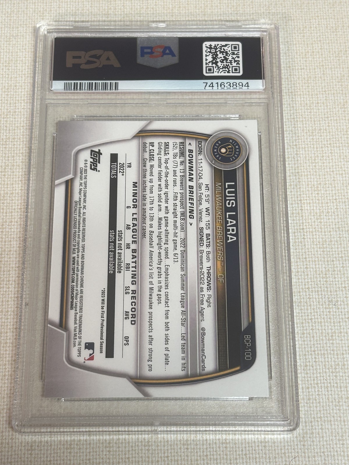 Luis Lara 1st 2023 Bowman Chrome Prospect PSA 10 #BCP100