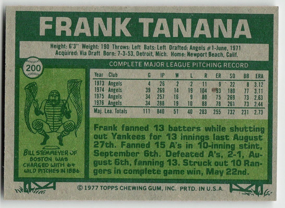 1977 Topps #200 Frank Tanana BASEBALL California Angels