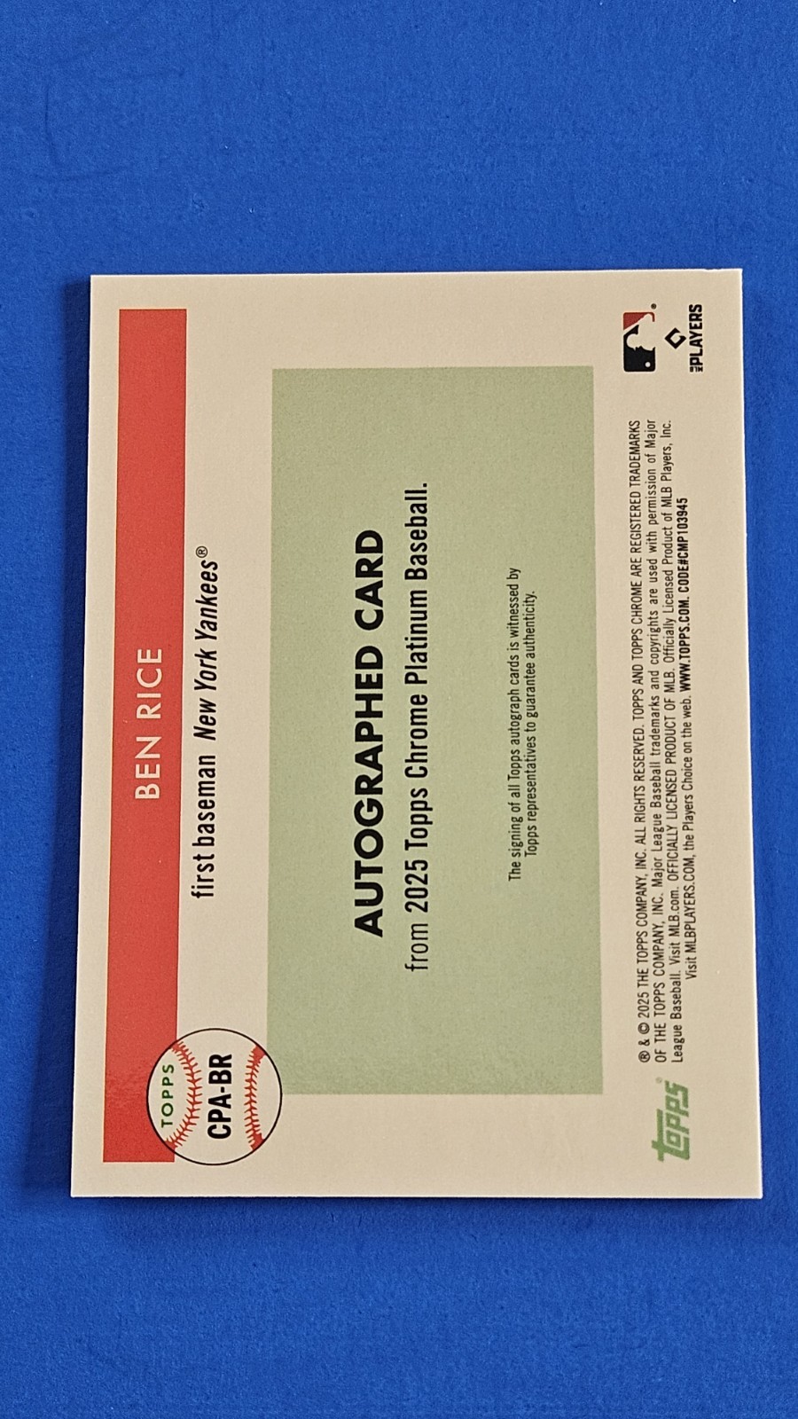 Ben Rice – 2025 Topps Platinum Anniversary Autograph RC