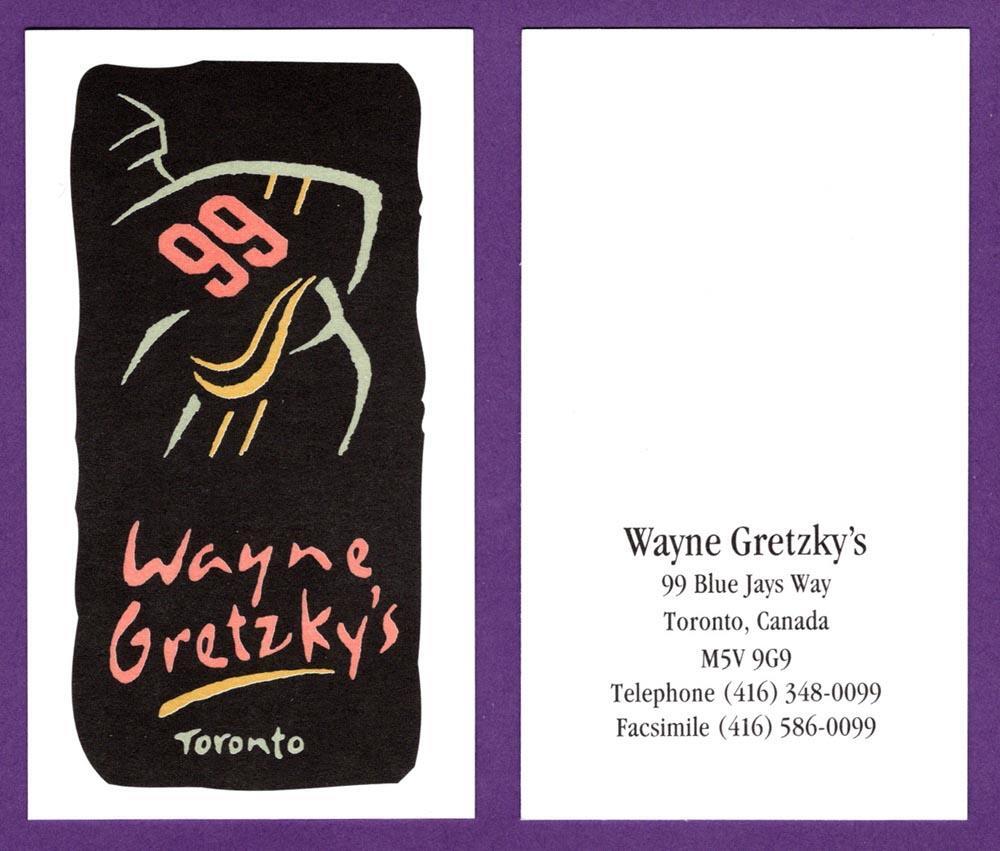 1990’s Wayne Gretzky’s 99 Toronto Restaurant Business Card
