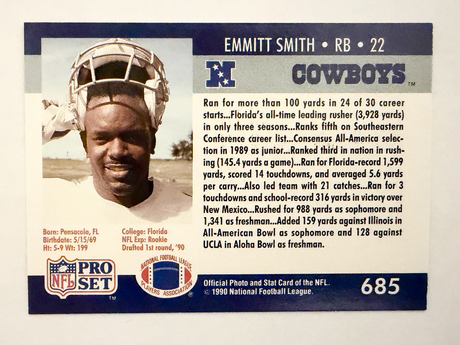 1990 NFL Pro Set #685 EMMITT SMITH Rookie Card RC Cowboys Draft First Round