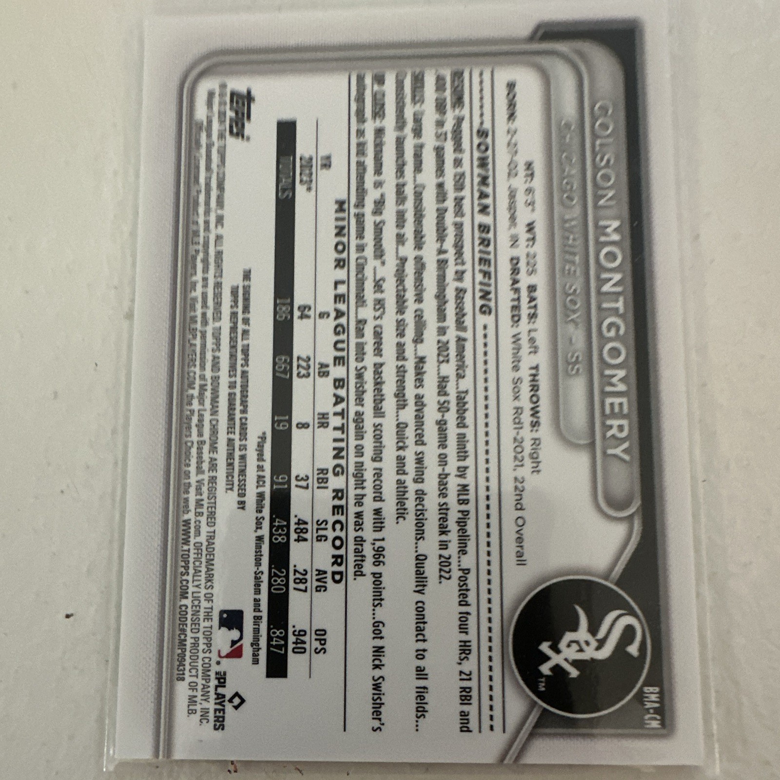 Topps Bowman Chrome Colson Montgomery Auto Blue Refractor /150 BMA-CM Sox