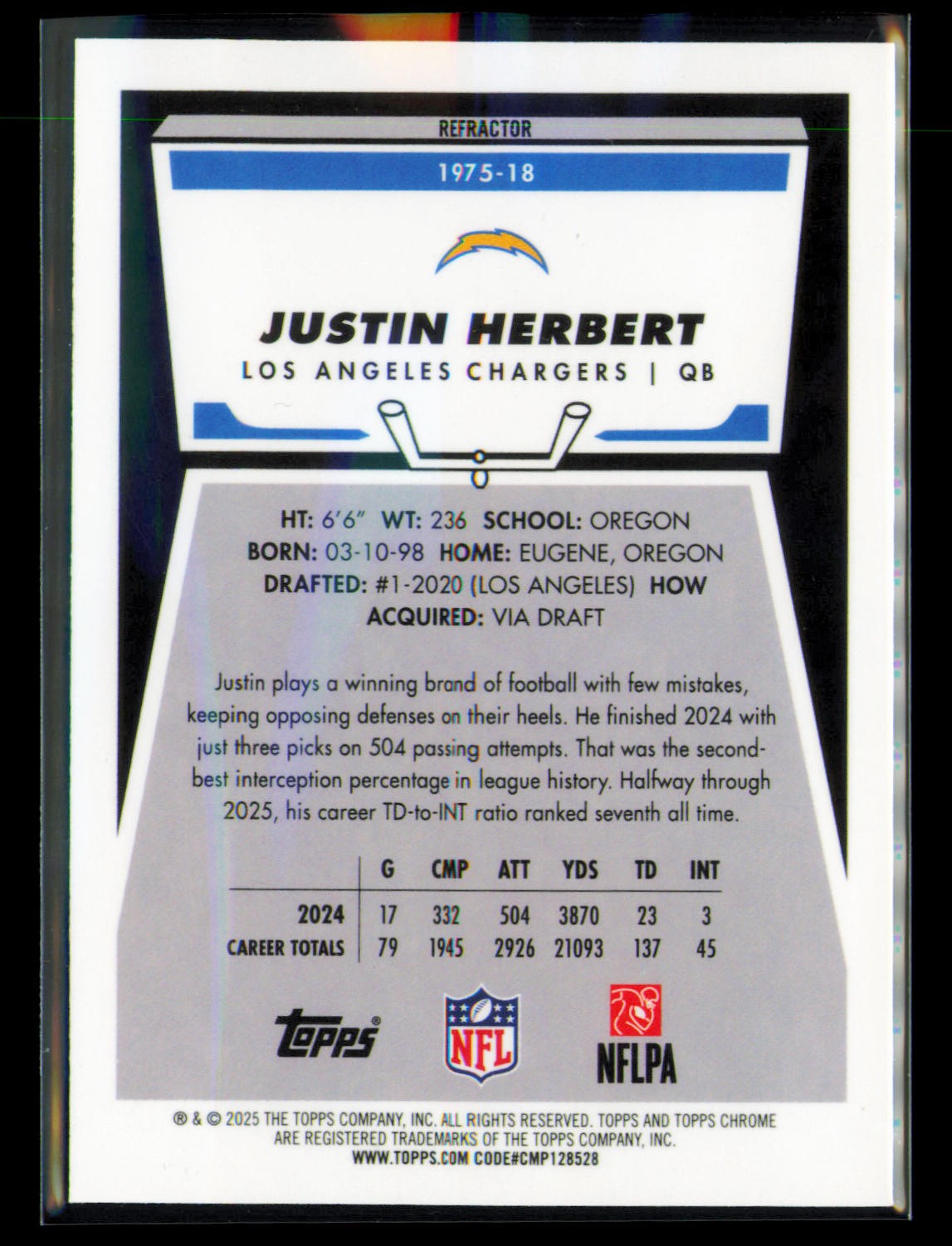 2025 Topps Chrome #1975-18 Justin Herbert 1975 Topps Refractor