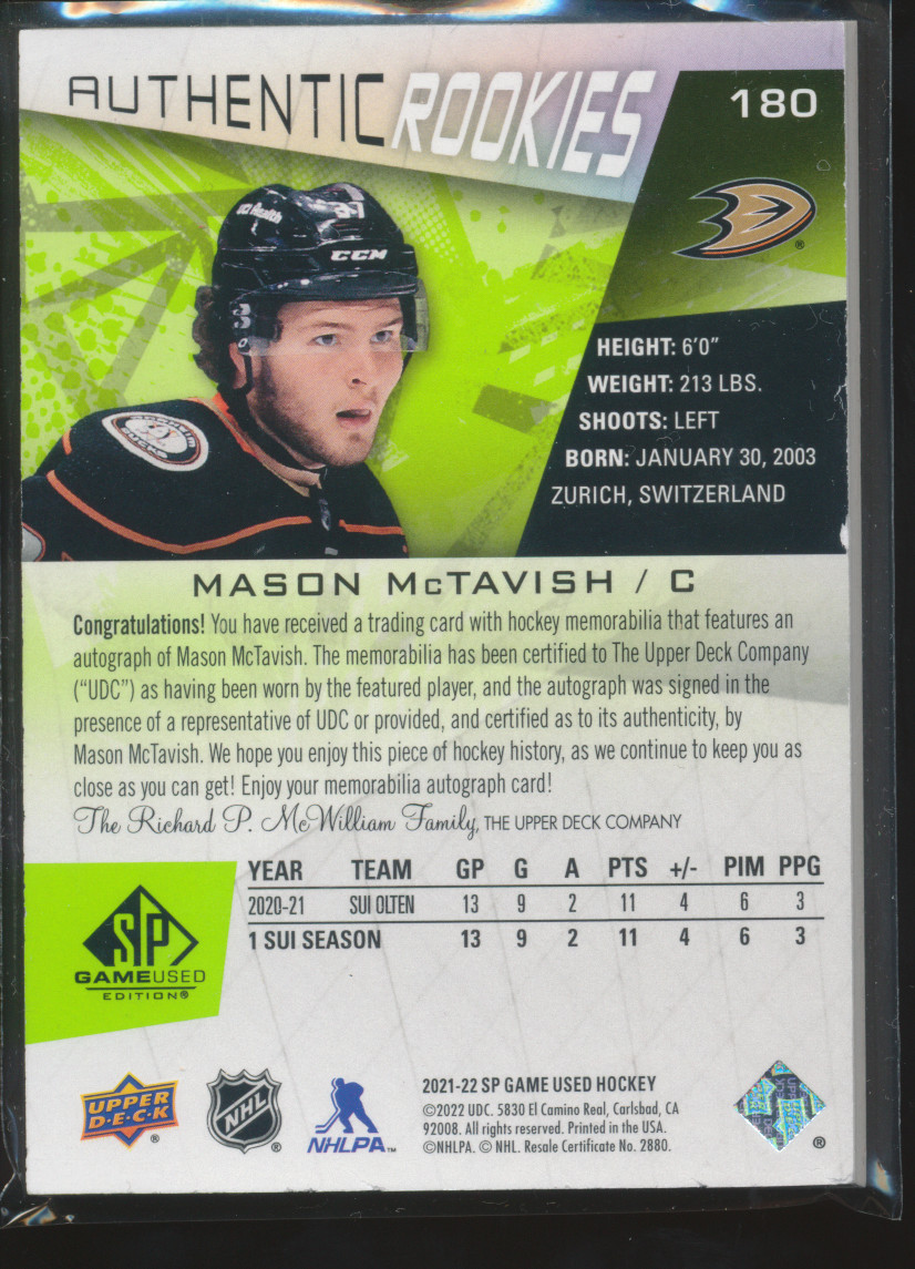 2021-22 SP Game Used Mason McTavish Authentic Rookies Tag Auto 1/3 RC EDGE* C560