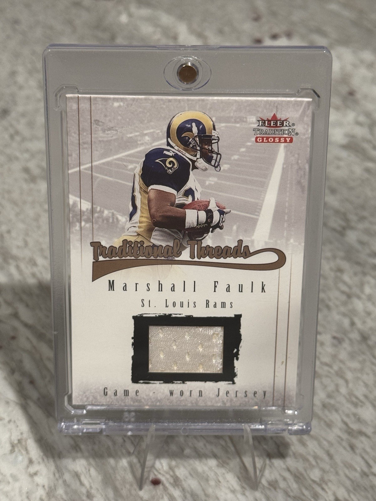2001 Fleer Tradition Glossy Traditional Threads Marshall Faulk Game Worn Jersey