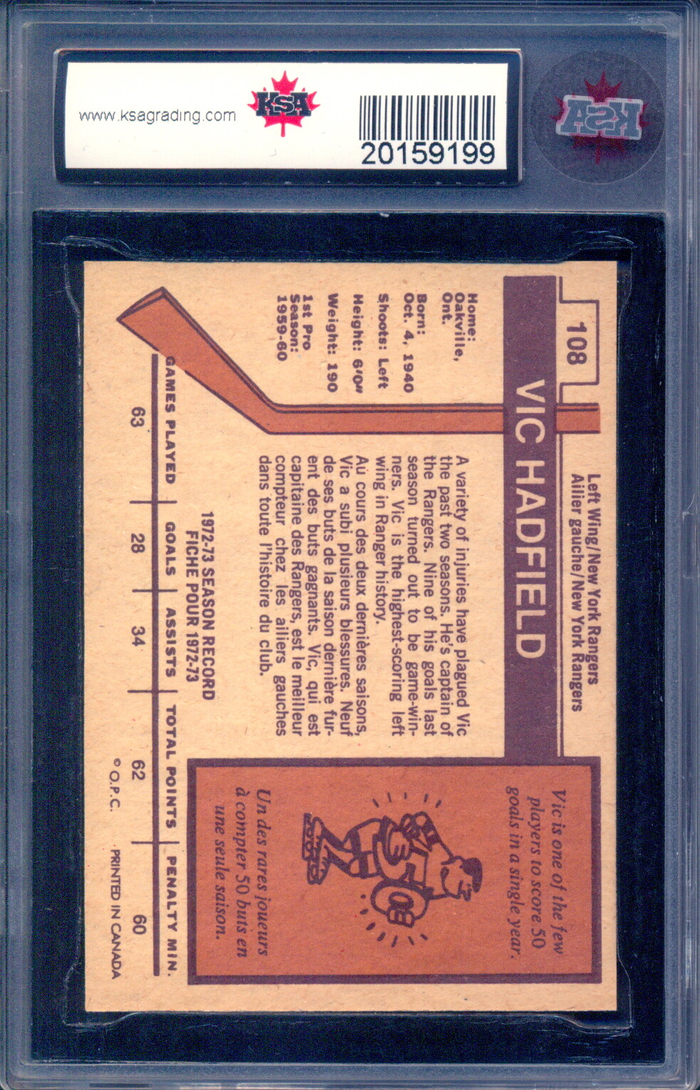 1973-74 OPC O PEE CHEE Hockey #108 Vic Hadfield KSA 9.5 N-GEM-MINT N Y Ranger
