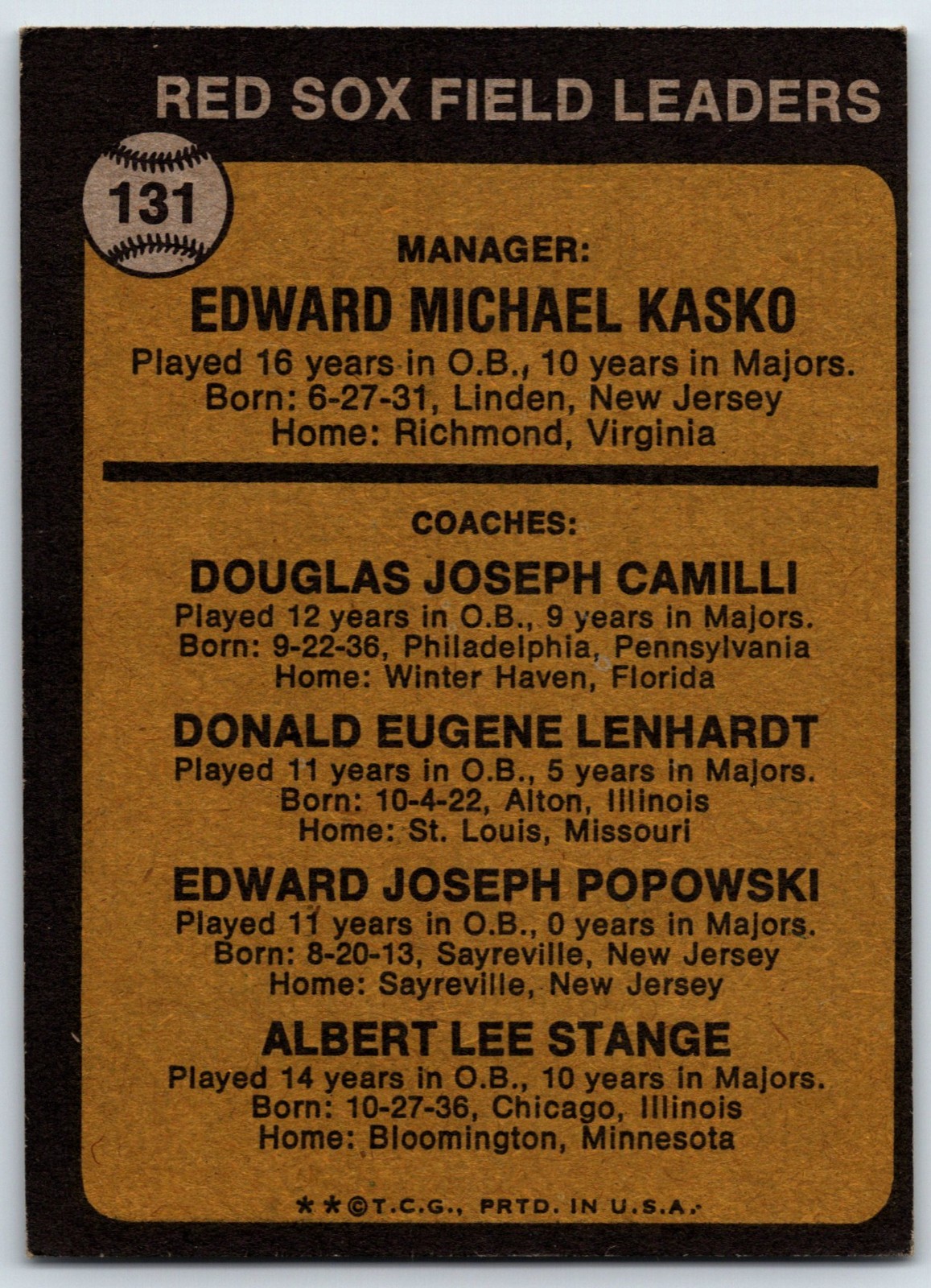 1973 Topps #131 – Red Sox Field Leaders (E. Kasko) EX