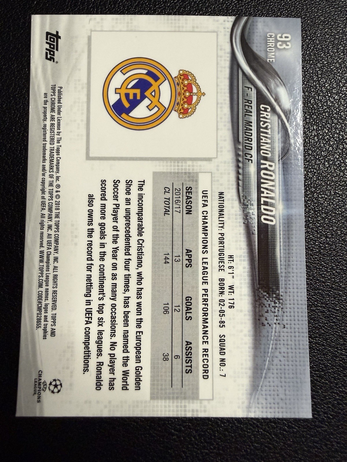 2017-18 Topps Chrome UEFA Champions League – Cristiano Ronaldo #93 QTY AVAIL