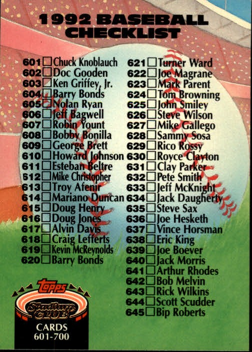 1992 Stadium Club #898 Checklist 601-700 – BB