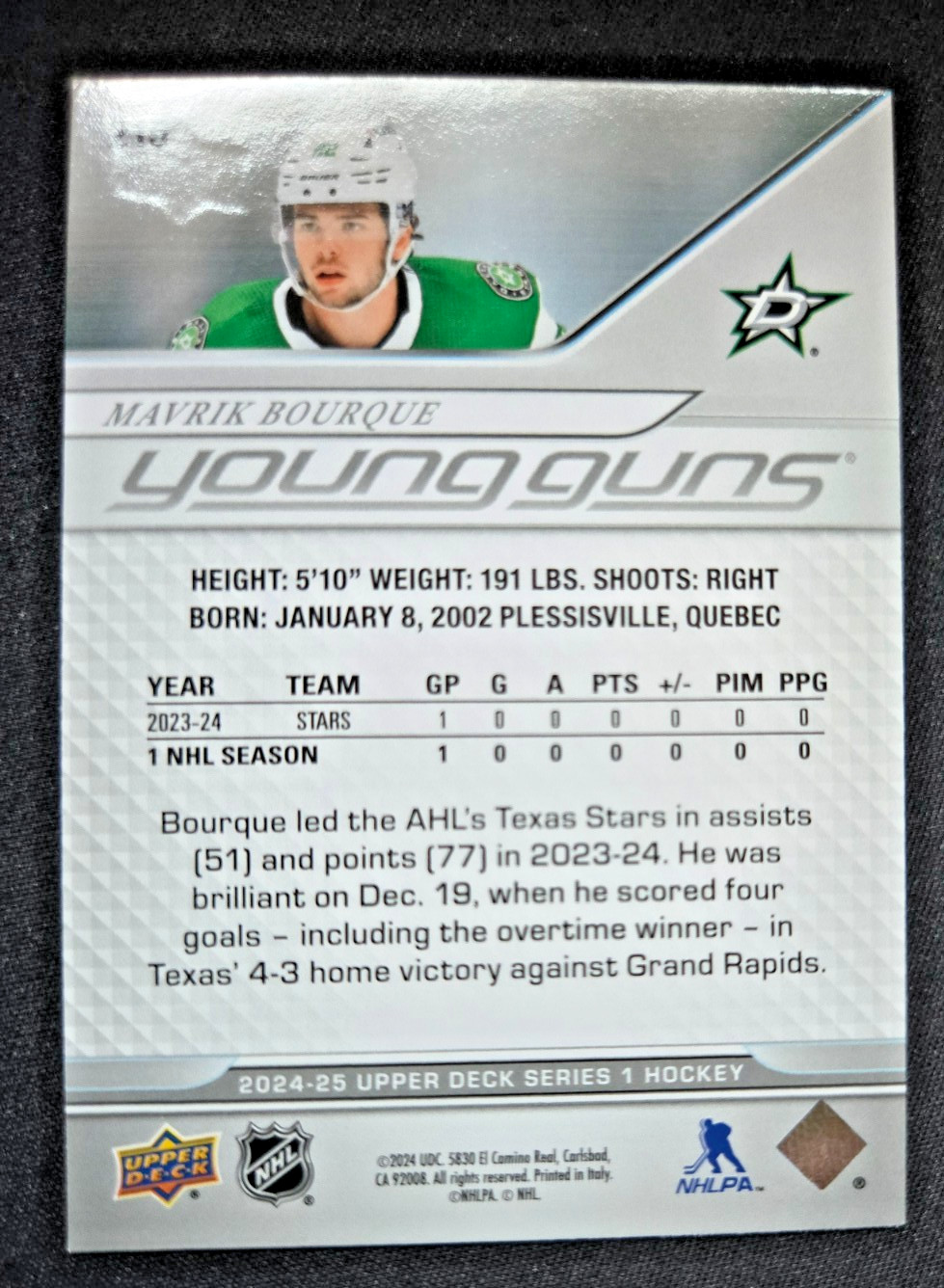 2024-25 Upper Deck Series 1 – Young Guns Mavrik Bourque #215 (RC)