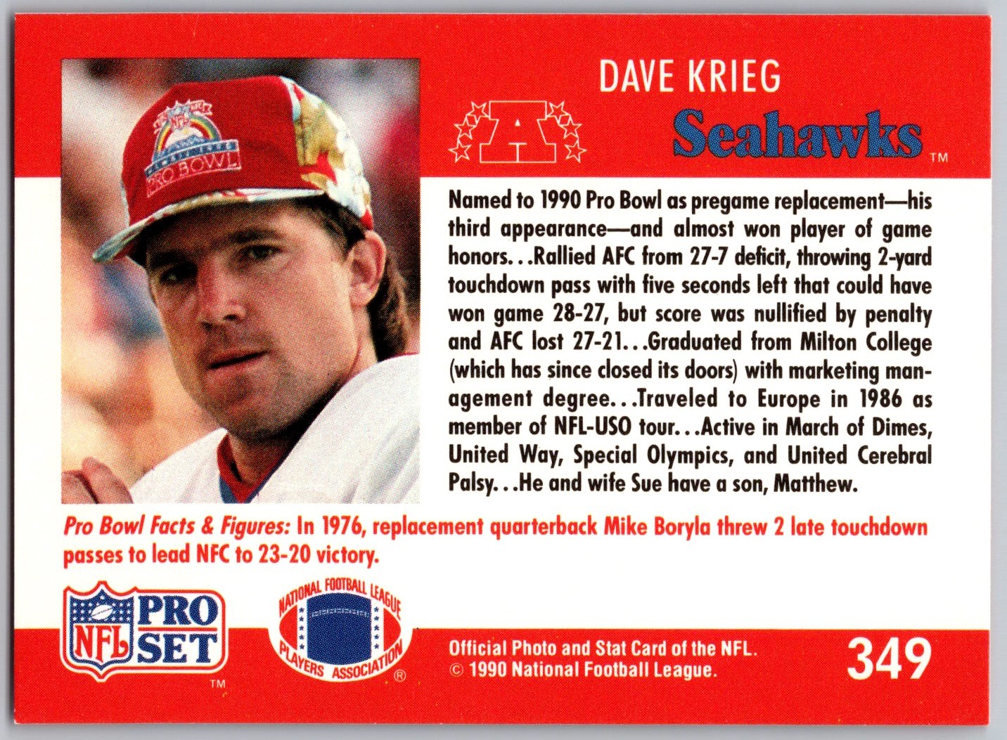 1990 Pro Set 349 Dave Krieg PB Seattle Seahawks Football Card