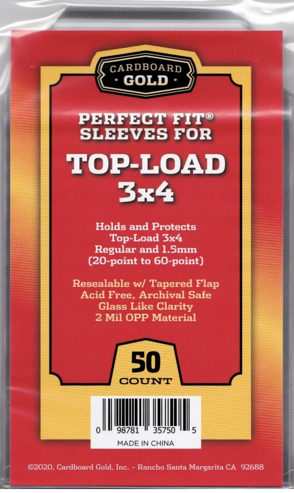 50 – Cardboard Gold Perfect Fit Top-loader 3×4 Card Sleeves 20-60pt – 2m
