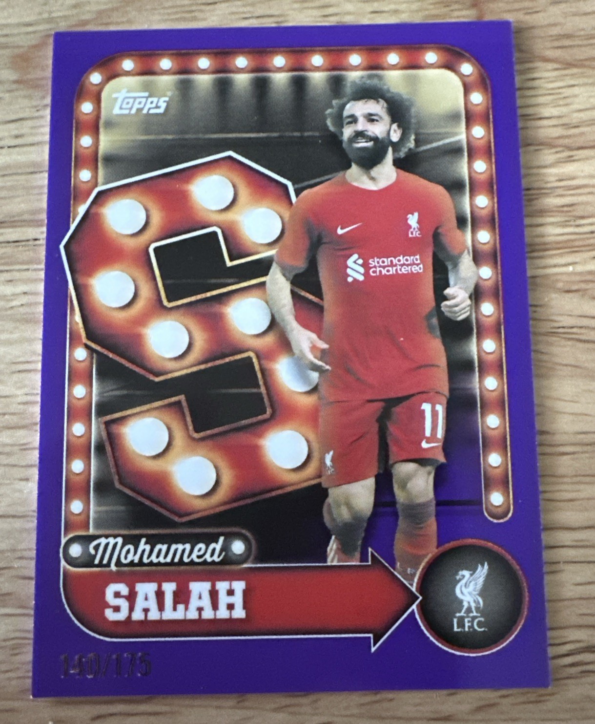 2025 Mohamed Salah Topps Liverpool Collector Tin /175 Name in Lights Purple