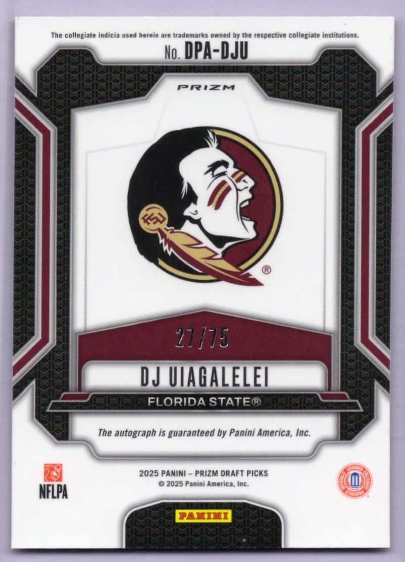 DJ Uiagalelei Florida State 2025 Panini Prizm Draft Picks Orange Pulsar Auto /75