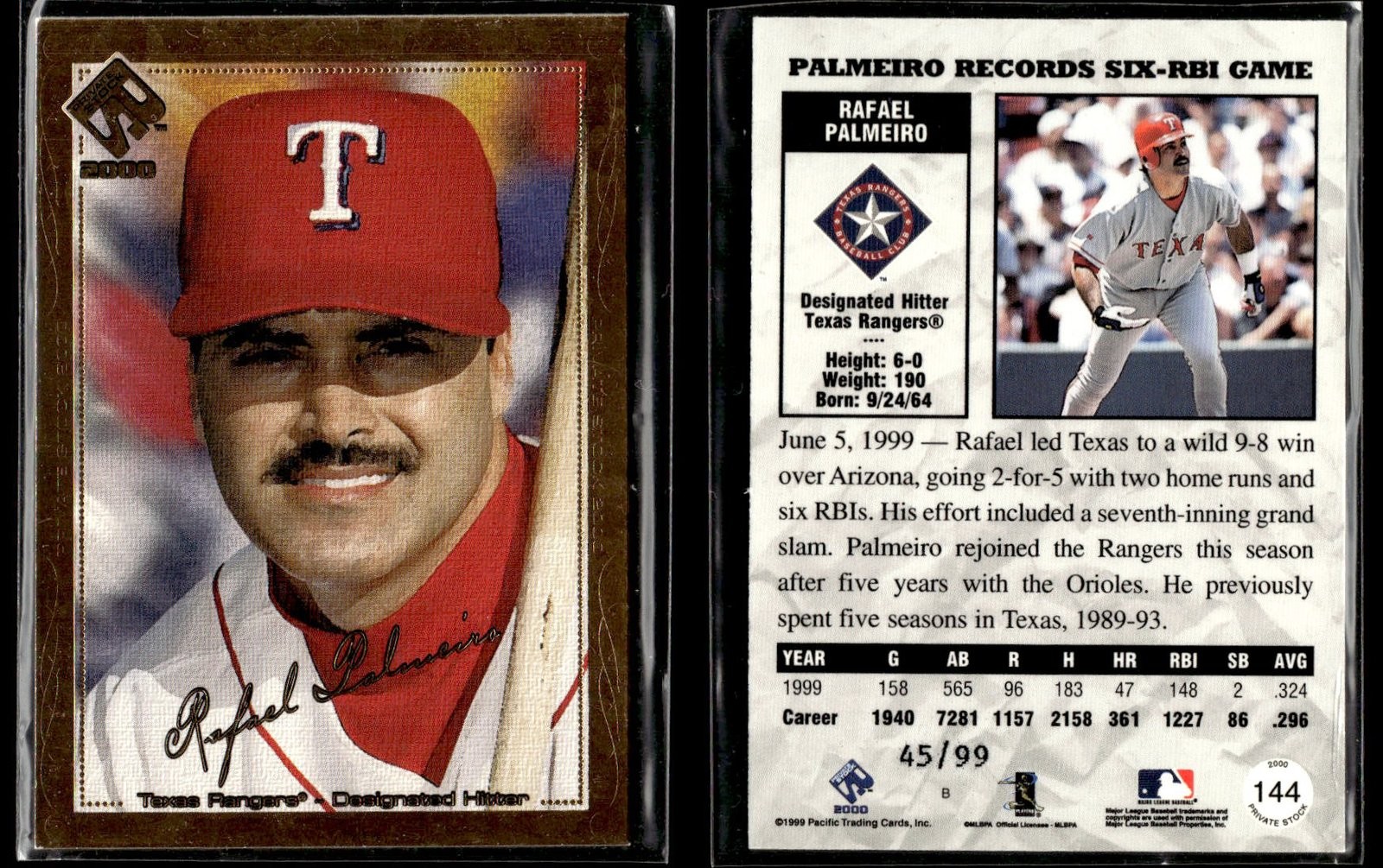 2000 Pacific Private Stock Rafael Palmeiro #144 Gold Portraits #/99