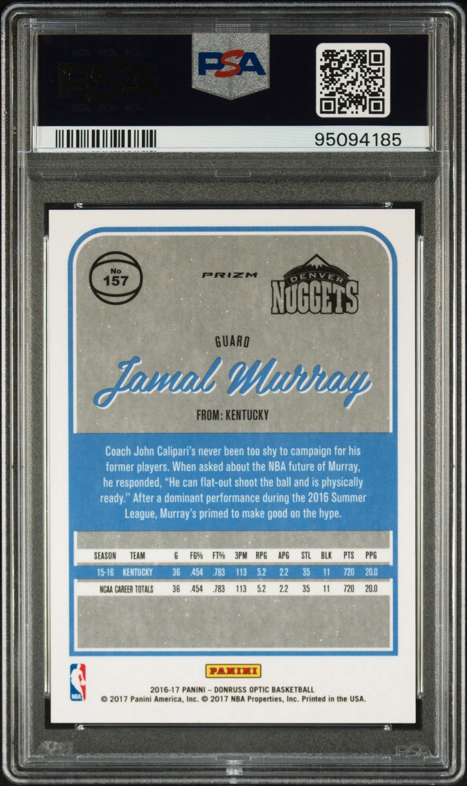 2016 Panini Donruss Optic Jamal Murray #157 White Sparkle RC PSA 10