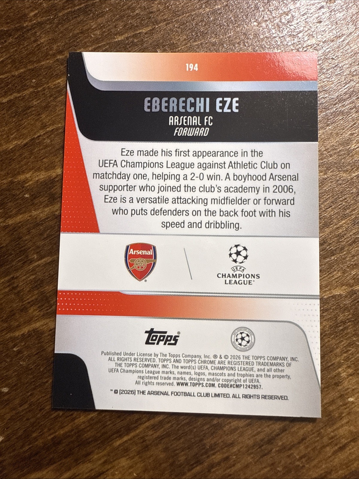 Topps 2025-26 UCC Chrome Eberechi Eze Pink Lava /250 #194 Arsenal FC UEFA CL Eng