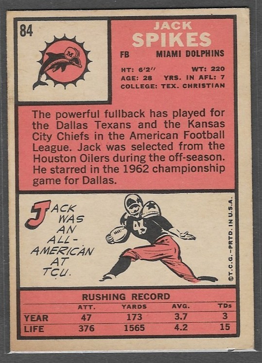 1966 Topps #84 Jack Spikes (EX-EXMT) Miami Dolphins