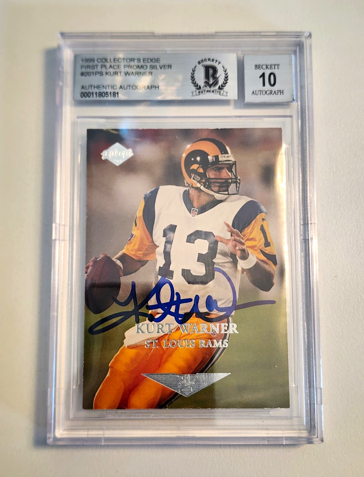 1999 Collector’s Edge First Place Promo Silver Kurt Warner Auto Beckett Auto 10