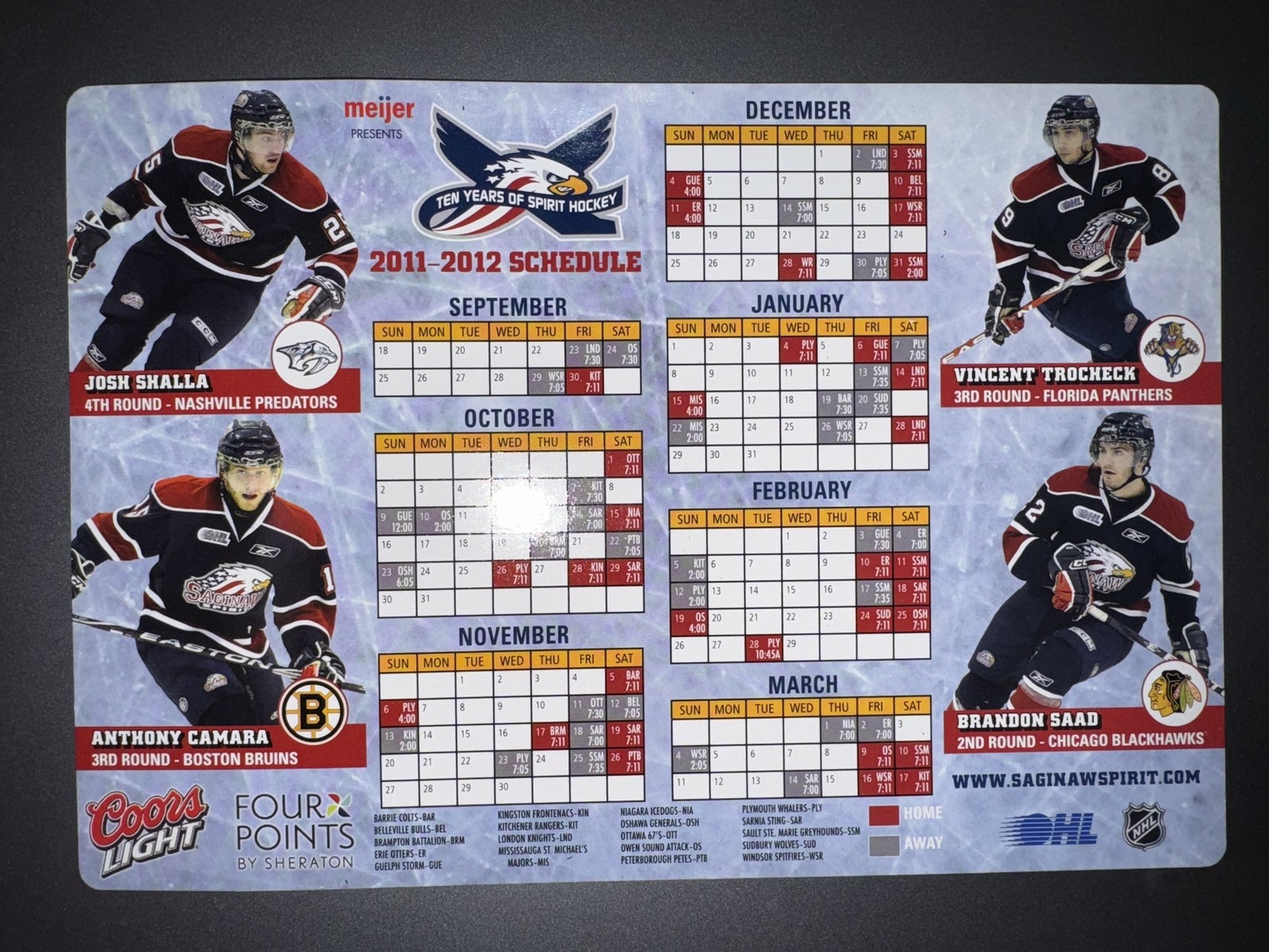 2011-12 SAGINAW SPIRIT OHL HOCKEY MAGNET SCHEDULE – COORS LIGHT BEER/SHERATON