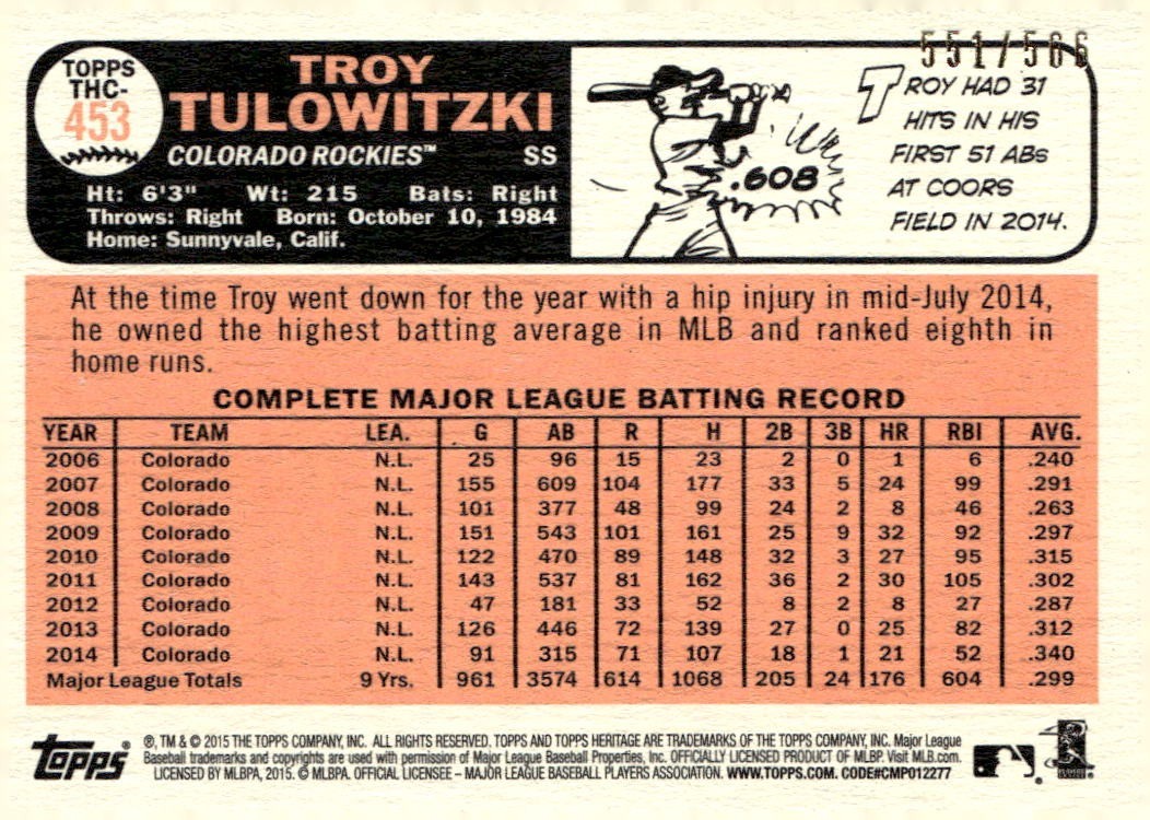 2015 Topps Heritage Chrome Refractors #THC453 Troy Tulowitzki SERIAL # 551/566