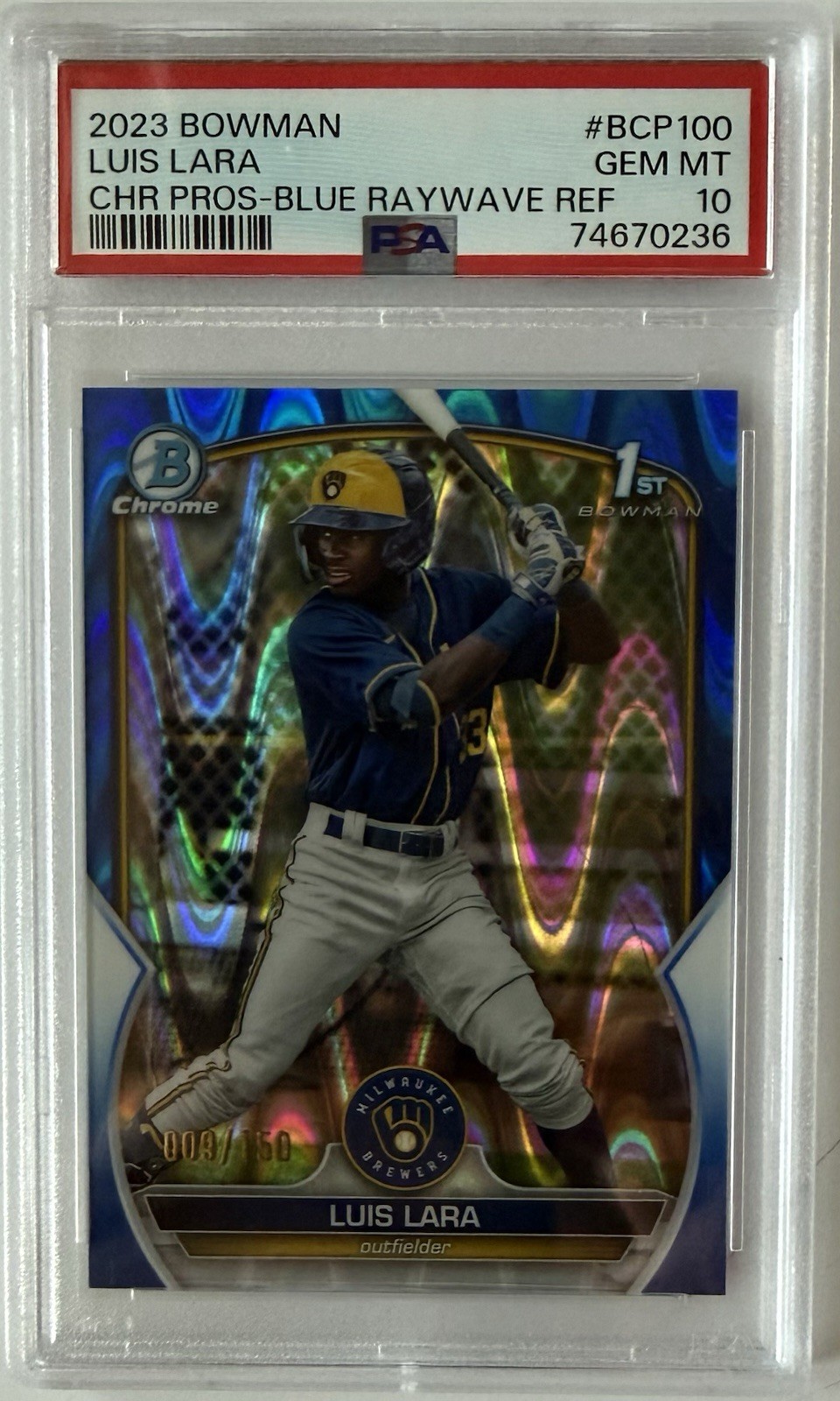 Luis Lara 2023 Bowman 1st, Chrome Prospect Blue Raywave/150. PSA 10