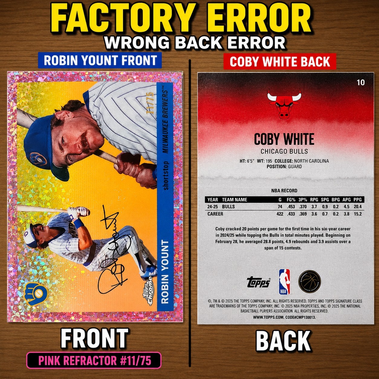 2025 Topps Chrome Robin Yount Pink Refractor /75 WRONG BACK Factory Error RARE