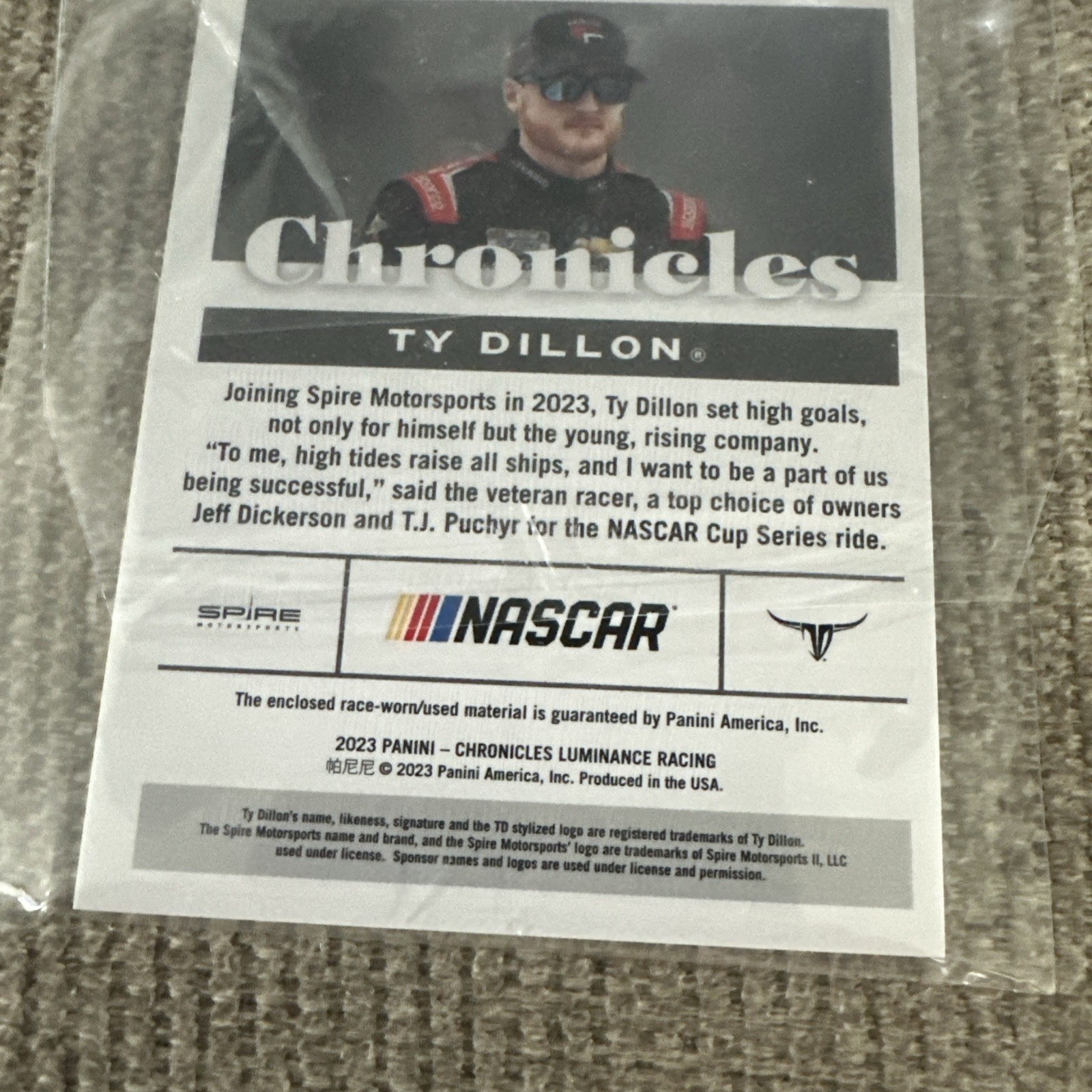 2023 Panini Chronicles TY DILLON Race Used Relic Metal Sheeting CS-TY -Free Ship
