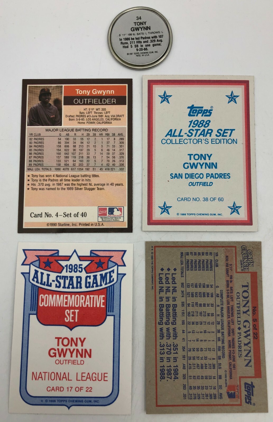 (5) Tony Gwynn San Diego Padres Odd Ball Baseball Trading Card Insert Coin Lot