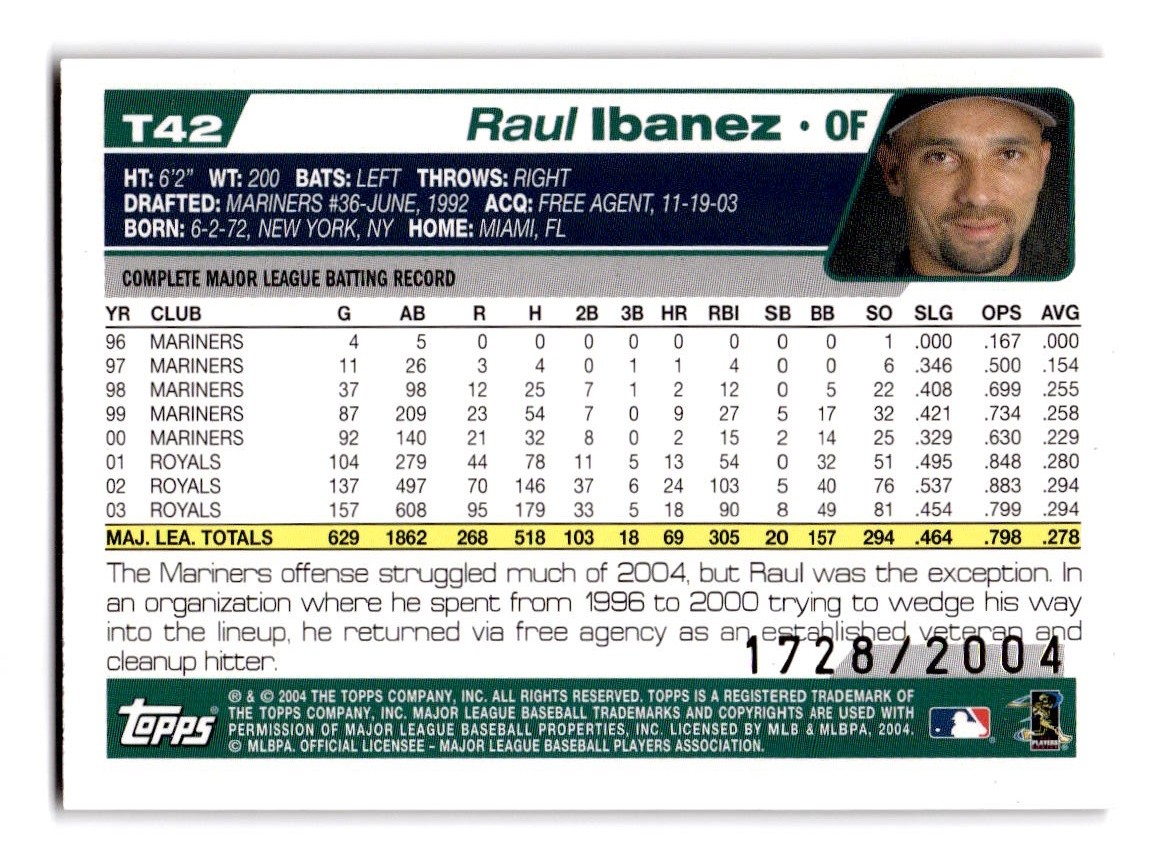 2004 Topps Traded & Rookies #T42 Raul Ibanez Gold #/2004 Seattle Mariners