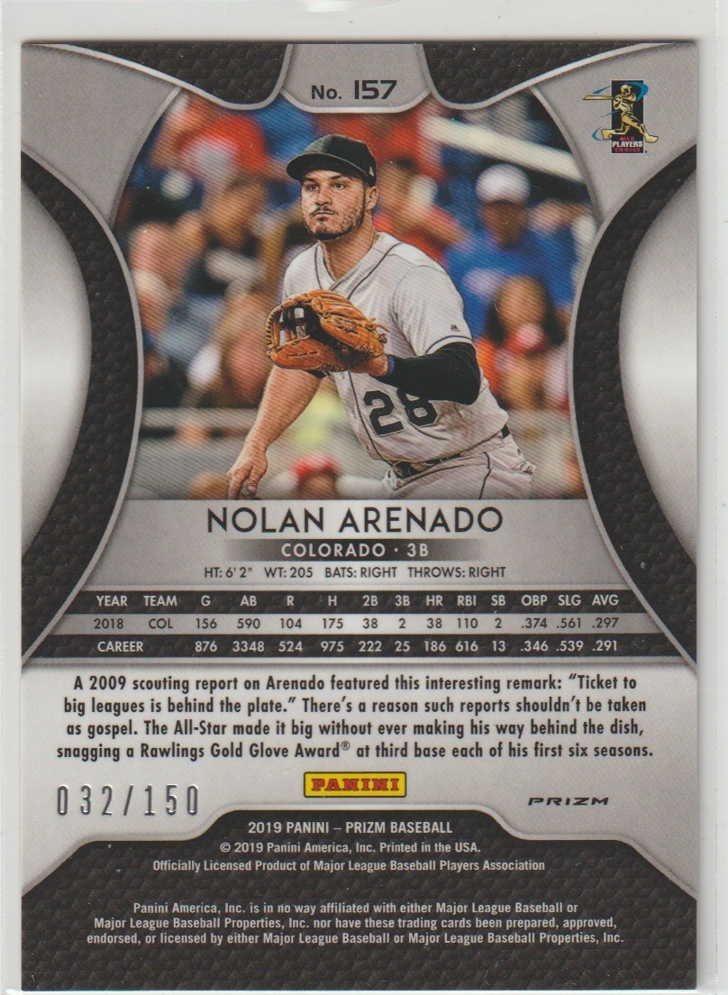 2019 Prizm Nolan Arenado Gold Donut Disco 032/150 Colorado Rockies #157 MLB SP