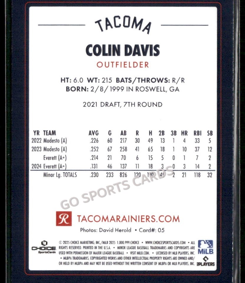 2025 Tacoma Rainiers Colin Davis RC Rookie Seattle Mariners Minor League