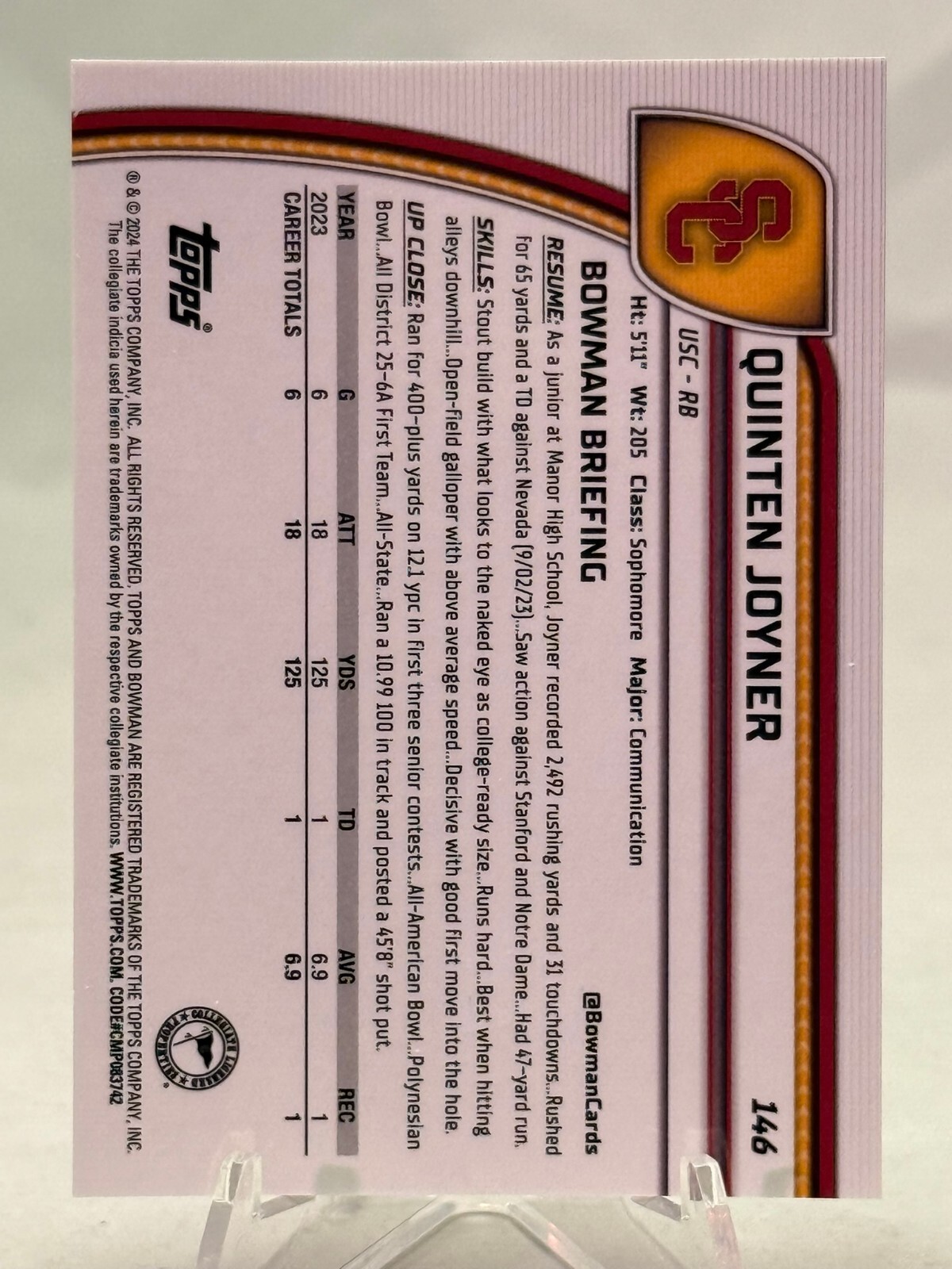 2024 Bowman Chrome U Quinten Joyner GREEN Refractor /99 USC Trojans