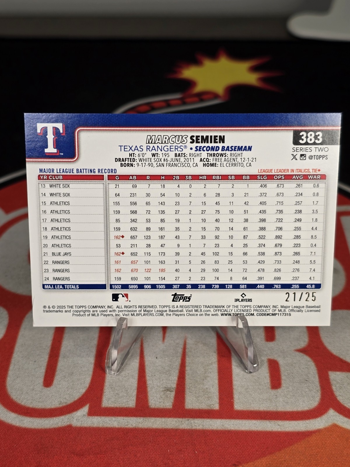 2025 Topps Series 2 – Marcus Semien #383 Orange Holofoil /25 Big Apple