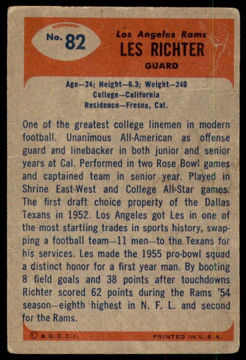 1955 Bowman #82 LES RICHTER Los Angeles Rams VG-VGEX