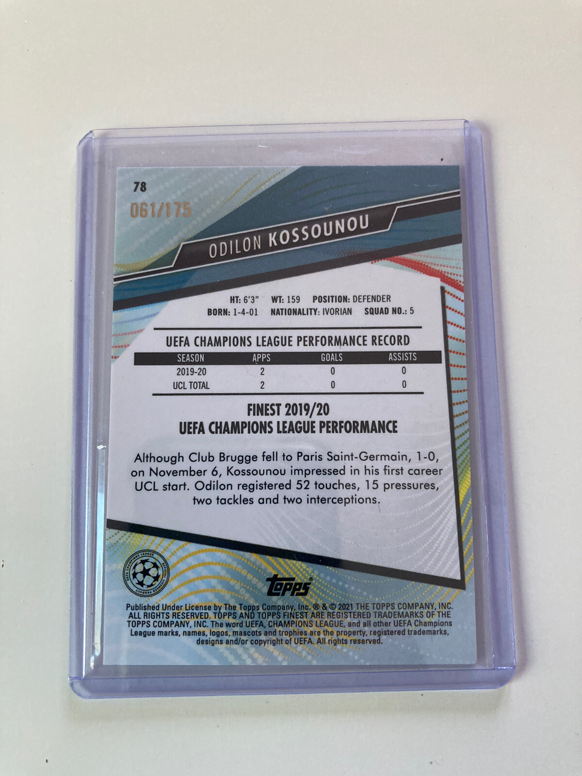 2020-21 Topps Finest Mini Diamond Refractor Odilon Kossounou /175 Rookie RC #11