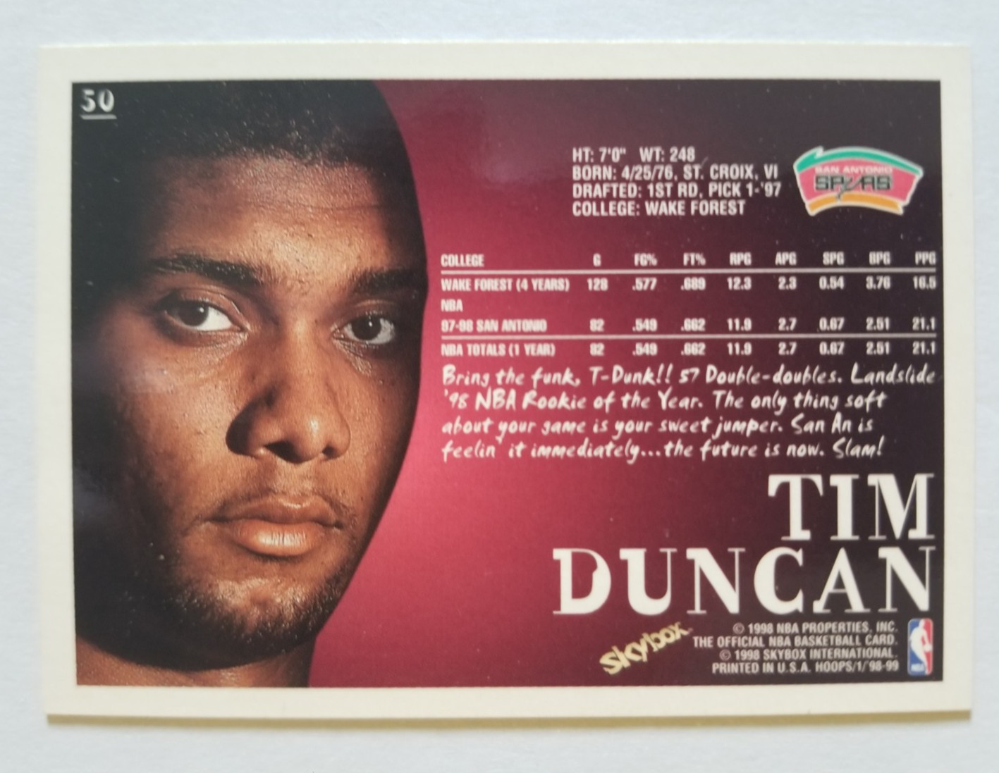1998-99 NBA HOOPS Tim Duncan #50 Spurs