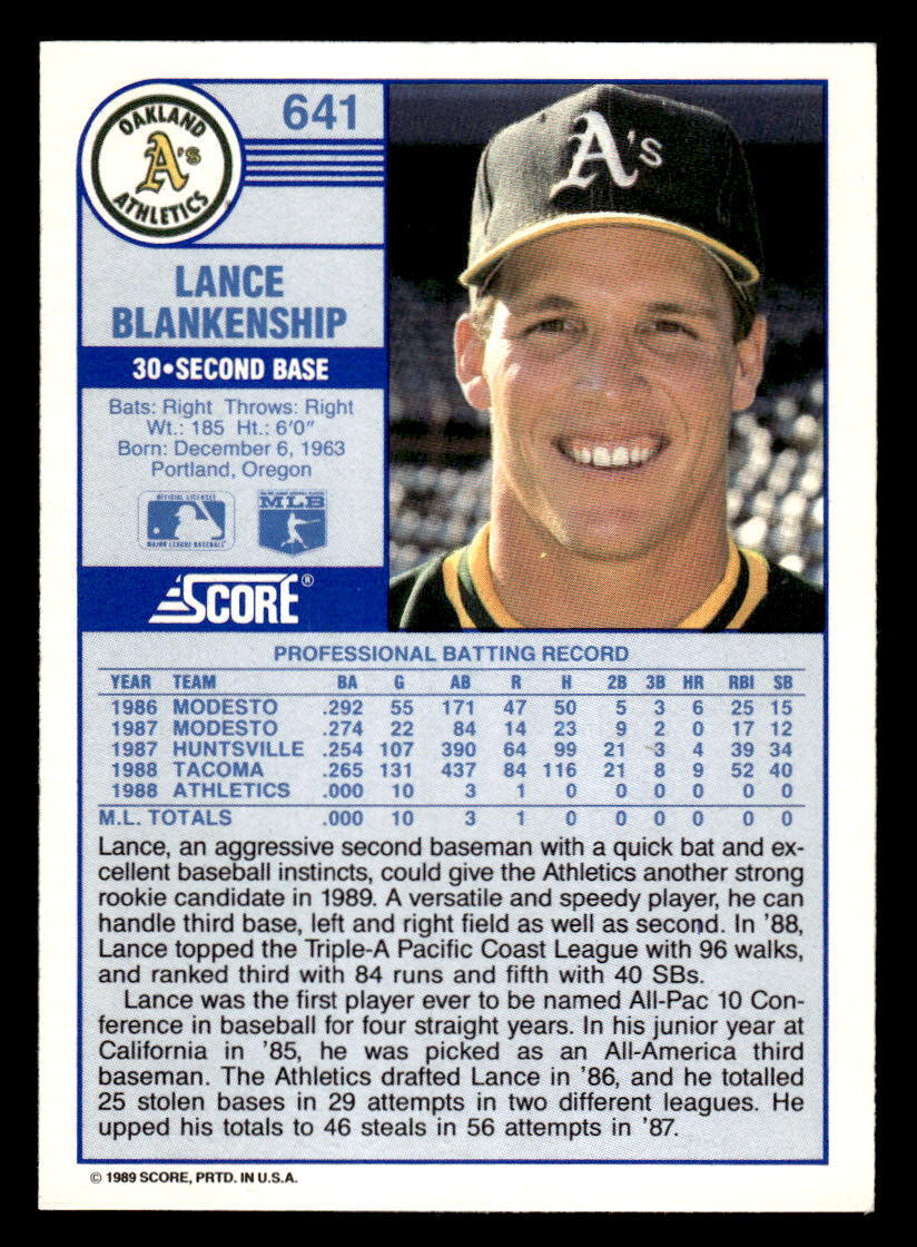 Lance Blankenship 1989 Score #641 Oakland Athletics