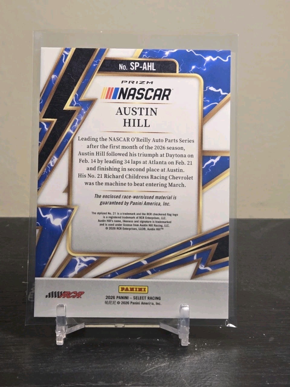 2026 Select Racing – AUSTIN HILL – SPARKS Flash Prizm – Race Used RELIC