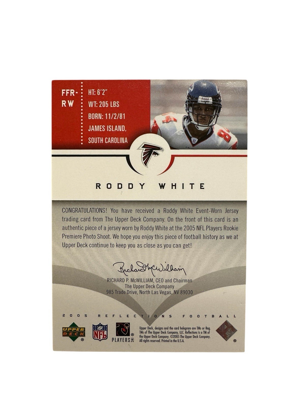 2005 Upper Deck Reflections Roddy White Future Fabric Jersey RC FFR-RW Refractor